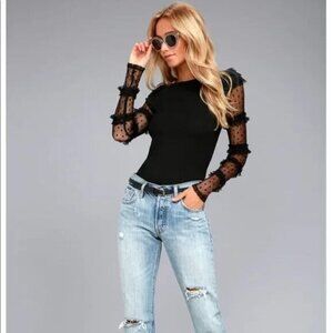 XS Free People Kiss Kiss Round Neck Mesh Long Sleeve Ribbed Dot Blouse Top Black